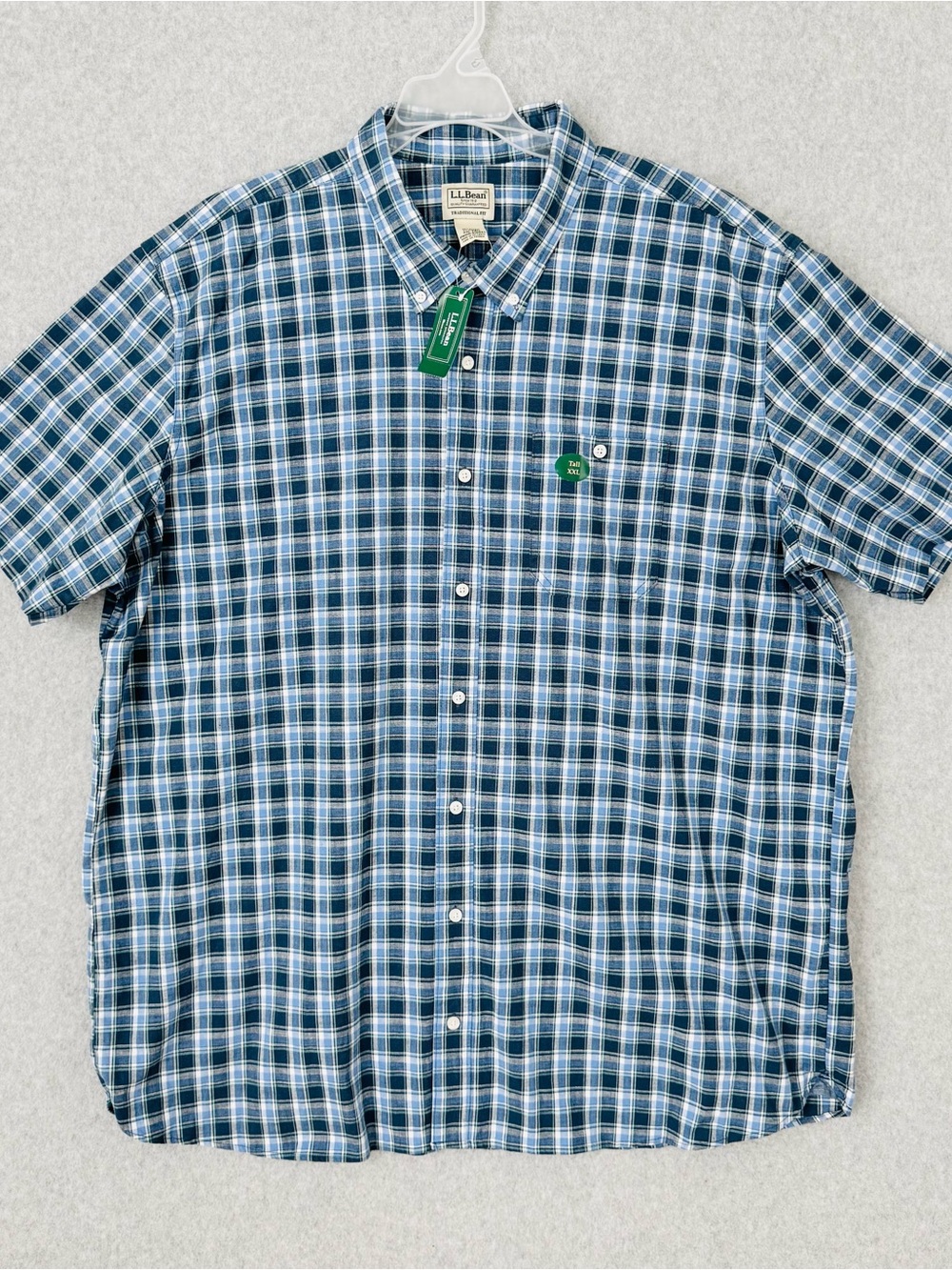 NEW LL Bean Mens Short Sleeve Button Shirt XXL Tall Traditional Fit Blue Plaid
